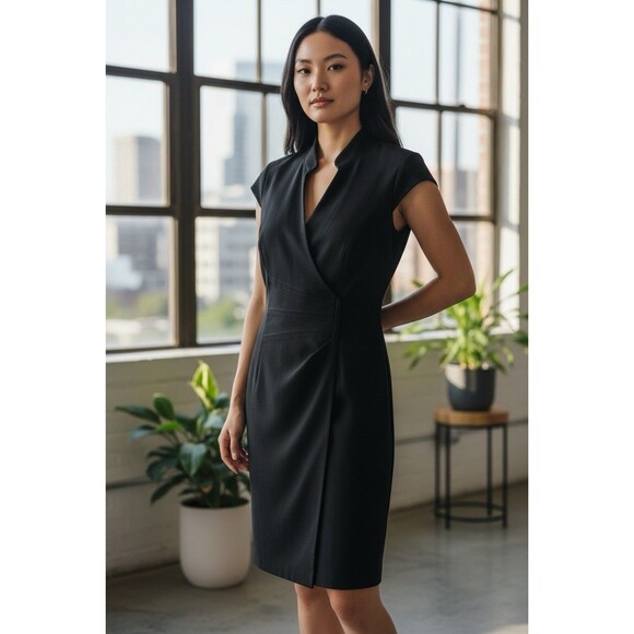Calvin Klein Dresses & Skirts - Calvin Klein Black Sheath Dress Sz 10 Sleeveless Mock Neck Faux Wrap Career Work